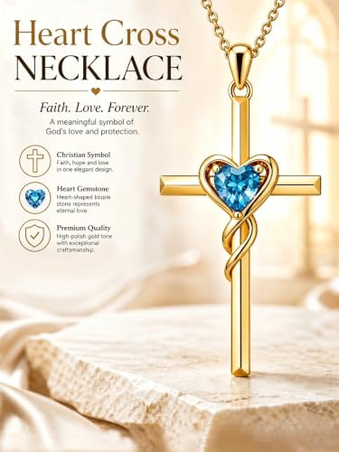 Birthstone Cross Necklace for Women 14K Gold Plated Heart Infinity Cross Pendant Necklace Christian Religious Jewelry Anniversary Birthday Gifts for Wife Mom Her - color: Dec/Blue Topaz