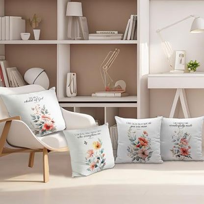 Bible Wildflowers Decorative Pillow Covers Set of 4 - Floral Christian Bible Verse Pillow Covers with Sayings, Spring 18x18, Encouraging Gifts for Women