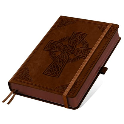 A5 Debossed Cross Leather Journal, 300 Pages Lined Notebook, Brown Vintage Pattern Hardcover Notebook for Travel Diary, Business, Work and School Daily Writing - style: Cross