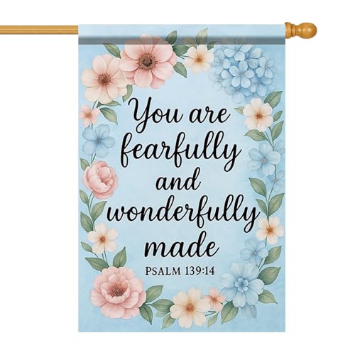 Christian House Flag 28x40 Inch You Are Fearfully And Wonderfully Made Garden Flag Psalm 139:14 Double Sided Floral Wreath Yard Banner Outdoor Porch ration USA Home Garden Church - color: Garden Flag