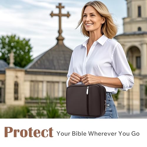 Small Bible Cover Case for Women and Men, 9x6 PU Leather Bible Sleeve, Compact Travel Bible Carrier Bag with Front Pen Holders, Zipper Closure, Inner Pockets - Coffee Brown - color: Coffee Brown, size: 9''x6.5''