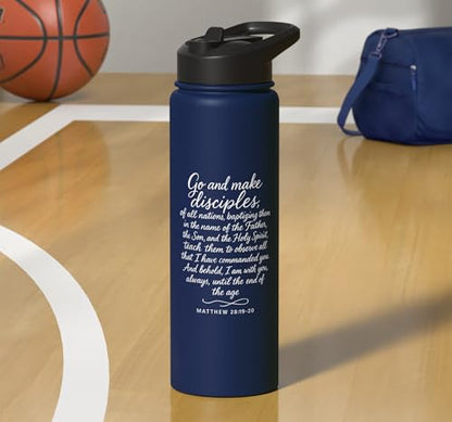 Go Make Disciples Matthew 28: 19 20 Bible Verse Scripture Stainless Steel Insulated Water Bottle - color: Navy Blue