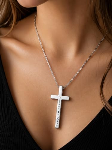 Engraved Cross Necklace for Men, Women & Boys & Girls Cross Necklace, Stainless Steel Cross Pendant Necklace, Faith & Inspiration Christian Jewelry Gift - color: Jesus Is King