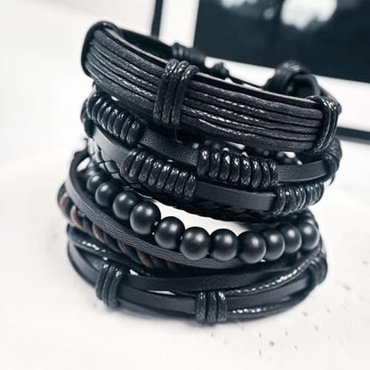 Punk Braided Leather Bracelets for Men Women Tribal Wrap Wristband - color: Black Cross