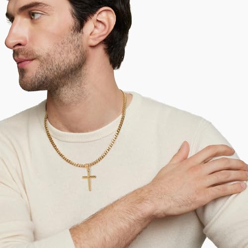 Avotto 316L Stainless Steel Cross Necklace Jewelry Gifts for Men Boys, Silver Gold Black Necklaces 5mm Non-Fading Sturdy Cuban Chain with Cross Pendant 14/16/18/20/22/24Inch - color: Gold, size: 24 inch(60cm)-Extra Long Fit