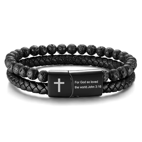 Men's Cross Bracelet for Men : Inspirational Bible Verse Black Leather Bracelets Christian Catholic Religious Jewelry Gifts Ideas for Man, Healing Lava Rock Bead Cross Bracelet Leather Wristband - color: For God so loved the world..., size: Medium(fit 7"