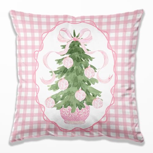 Pink Chinoiserie Christmas Tree Pillow Covers 18x18, Preppy Grandmillennial Christmas Decor, Coquette Xmas Pink and White Checkered Throw Pillow Covers for Girls Room Dorm Apartment - color: 10 Color