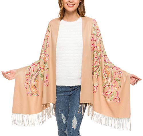 Urban CoCo Embroidered Scarf for Women, Tassel Shawl, Soft Lightweight Wrap - color: #1-camel