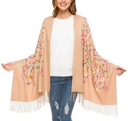 Urban CoCo Embroidered Scarf for Women, Tassel Shawl, Soft Lightweight Wrap - color: #1-camel