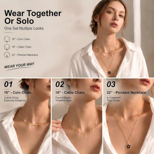 SEADAY Layered Gold Necklace for Women,14K Plated Stackable Pendant Set - color: Gold-SET3