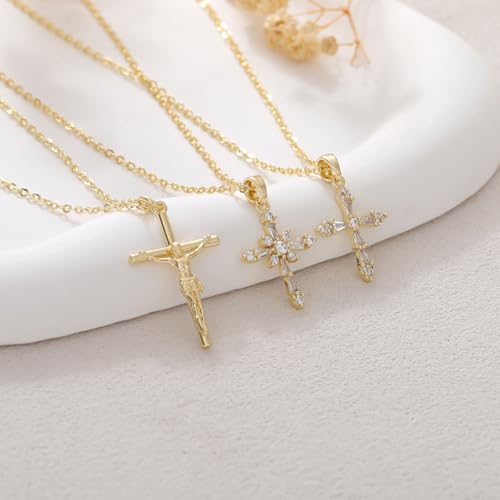 Cross Necklace for Women, Dainty 14K Gold Plated Cross Pendant Simple Long Necklaces for Women, Christian Faith Necklace Trendy Gold Jewelry Gifts for Easter - color: gold zircon cross