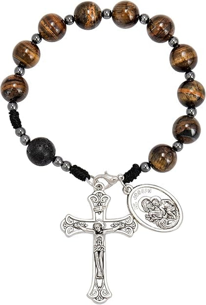 Nazareth Store Tiger Eye Beads One Decade Rosary Handmade Pocket Car Mirror with Saint Joseph Medal and Jesus Cross in Antique Silver Volcanic Stone Travel Friendly Rosary - color: Brown Tiger Eye