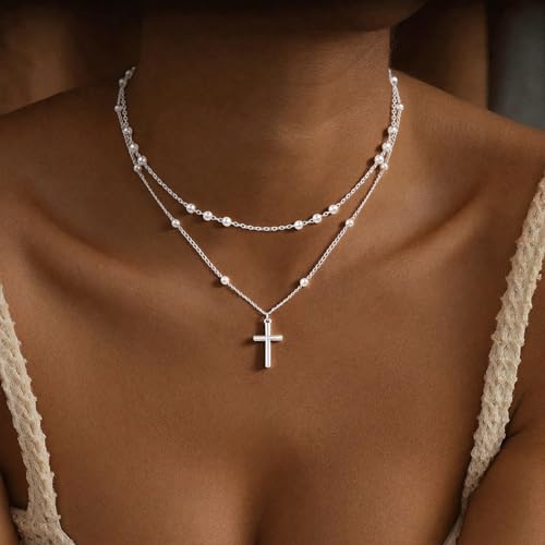 Cross Necklace for Women - Dainty 14K Real Silver Gold Plated Layered Pendant Necklace Stack Simple Trendy Cute Charm Choker Necklaces Jewelry Gift for Teen Her - style: Bead Set Silver