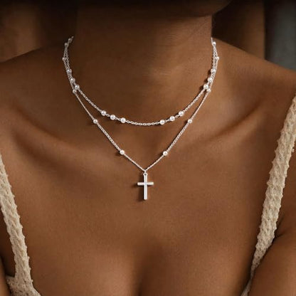 Cross Necklace for Women - Dainty 14K Real Silver Gold Plated Layered Pendant Necklace Stack Simple Trendy Cute Charm Choker Necklaces Jewelry Gift for Teen Her - style: Bead Set Silver