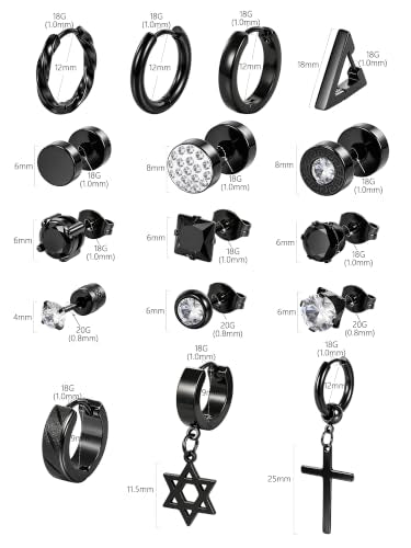 Oveta 16 Pairs 18G 16G Stainless Steel Mens Earrings, Earrings for Men with Studs Hoop Earring Cross Dangle Earrings Hypoallergenic Ear Piercing Jewelry for Men Women, Silver Gold Black - color: Black