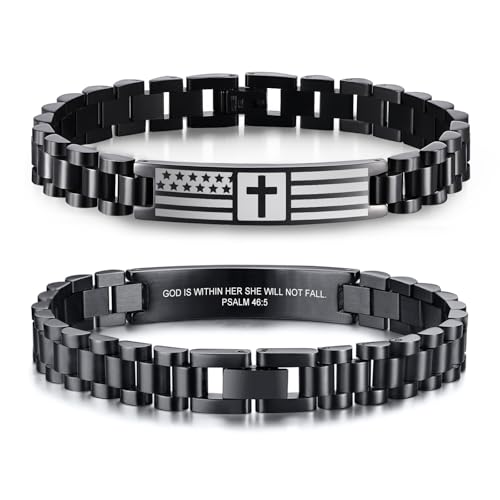 VNOX Personalized Religious Jewelry-Engraved Inspirational Christian Faith Bible Verse Quote Wristbands Elegant Link Bracelet Encouragement Gift,Cassic Watch Band Strap Design - style: Black-Steel-0.4"