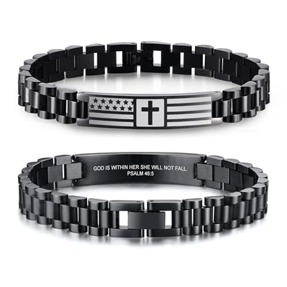 VNOX Personalized Religious Jewelry-Engraved Inspirational Christian Faith Bible Verse Quote Wristbands Elegant Link Bracelet Encouragement Gift,Cassic Watch Band Strap Design - style: Black-Steel-0.4"