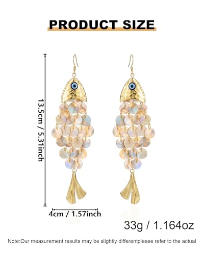 Boho Gold Fish Earrings for Women Trendy Shell Scale Dangle Earrings Statement Fish Seashell Drop Ear-rings Summer Beach Vacation Jewelry Accessories