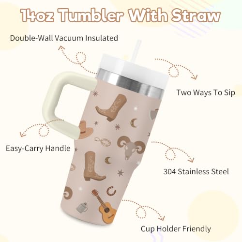 Western Cowboy Kids Tumbler - 14 oz Tumbler with Handle and Straw, Stainless Steel Insulated Cowboy Cup, BPA Free Tumblers Birthday Gift for Boys and Girls Outdoor & Sports, Travel - color: Cowboy1