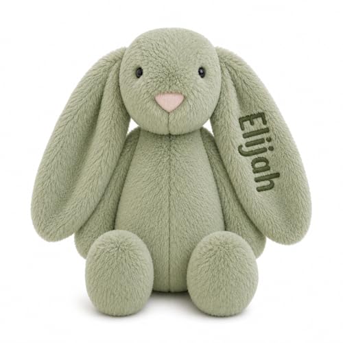 Personalized Embroidered Green Stuffed Bunny, Baby Boy Gift, Bunny Plush, Cute Stuffed Animal, Stuffed Animals for babies, Baby Dedication Gifts for Boys, Rabbit Toy, Newborn Toy (Green Bunny) - color: Green Bunny
