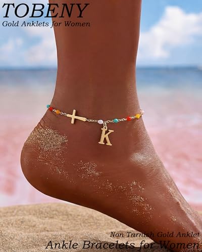 TOBENY Colorful A-Z Initial Cross Gold Ankle Bracelets for Women Waterproof - color: Initial Cross Anklet-F