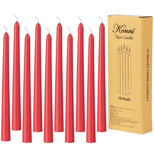 KONNI 0.87×10 Inch Red Taper Candles, Unscented and Smokeless Tall Candlesticks, 10 Pack Tapered Candles with Cotton Wicks, Long Burning, Ideal for Weddings, Dinner Parties, and Home Décor - color: Red