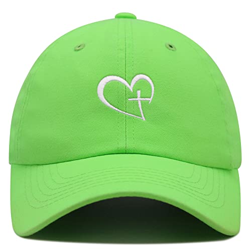 JPAK Heart and Cross Premium Dad Hat Embroidered Cotton Baseball Cap Christian Faith - color: Neon Green