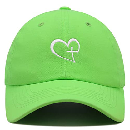 JPAK Heart and Cross Premium Dad Hat Embroidered Cotton Baseball Cap Christian Faith - color: Neon Green