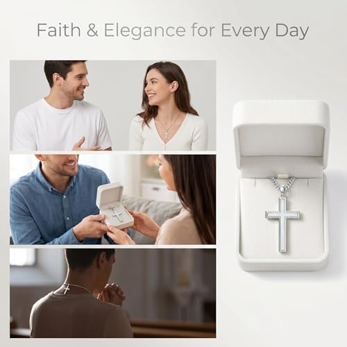 MRENITE Silver Natural Stone Cross Necklace, Classic Latin Cross Pendant Necklace for Unisex Women Man, Vintage Crystal Quartz Cross Necklace with 20+2 Inches Adjustable Cuban Chain - style: White Jade
