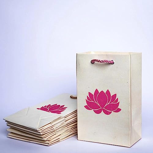 Desi Favors Lotus Gift Bags - Lotus Printed Paper for Christmas, Weddings, Birthday,s Pooja/puja Return Gifts Shagun Gift Bags - 7.4x4.7x3.14 Inch (Pack of 8) - style: Pearl White (Pink Lotus)