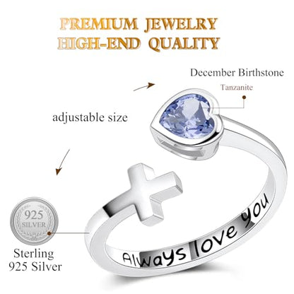 Adjustable Cross Ring for Women 925 Sterling Silver Fine Jewelry Gift for Her, Inspiration Christian Ring Faith Hope Love Cross Ring, Birthstone Ring - color: 12-Dec