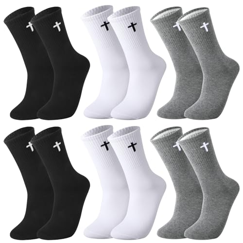 6 Pairs Cross Socks for Men US 7-9 Christian Pastor Crew Socks - color: Black, White, Gray