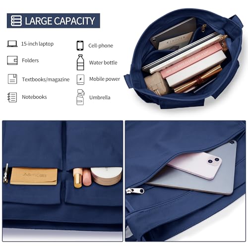 KALIDI Canvas Tote Bag Zipper Large Crossbody Shoulder Bag Messenger Bag - color: Upgraded Deep Blue