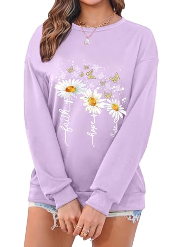 Women’s Christian Sweatshirts,Faith Hope Love Daisy Print Crewneck Long Sleeve Casual Loose Fit Sweatshirt - color: Purple, size: Medium