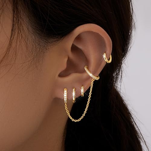 Small Gold Huggie Hoop Earrings Set for Women Men Hypoallergenic 14K Plated Stack Cartilage Earrings, Sterling Silver Multiple Piercing Lightweight Mini Thin Cute Dainty Trendy Jewelry Gifts for Women - color: Gold-Cuff Chain
