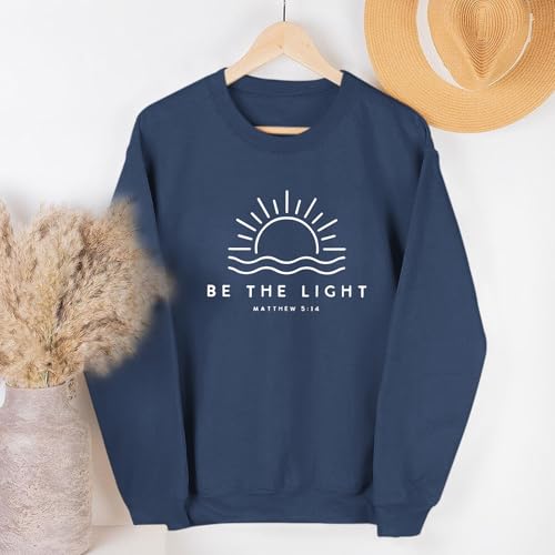 Sulayesh Christian Be The Light Sweatshirts for Women Religious Faith Jesus Bible Verse Graphic Shirts Loose Pullover Tops - color: Gray Blue, size: Medium