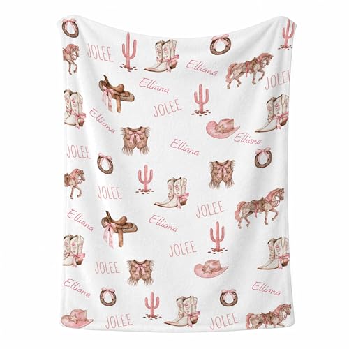 Personalized Western Girl Baby Blanket, Pink Pony Boots Ribbon Pattern Design, Custom Name Toddler Kids Throw, Cowgirl Nursery Decor, Baby Girl Gift - color: Western Girl Baby Blanket
