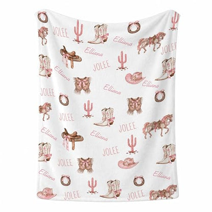 Personalized Western Girl Baby Blanket, Pink Pony Boots Ribbon Pattern Design, Custom Name Toddler Kids Throw, Cowgirl Nursery Decor, Baby Girl Gift - color: Western Girl Baby Blanket