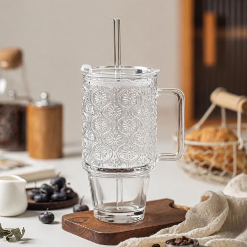 KEMORELA 24 Oz Ribbed Glass Tumblers with Lids and Straws, Tumbler Cup with Handle, Iced Coffee Glassware, Clear Reusable Drinkware for Smoothies and Beverages(1) - color: 24oz-Begonia