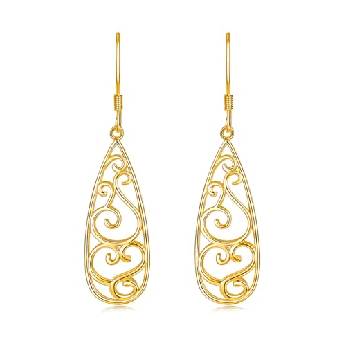BoRuo Filigree Teardrop Sterling Silver Earrings for Women - color: Yellow Gold