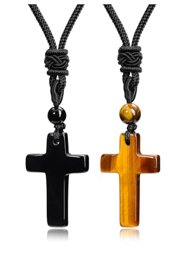 Top Plaza Healing Crystal Cross Necklace for Men - color: Tiger Eye Stone+Black Obsidian