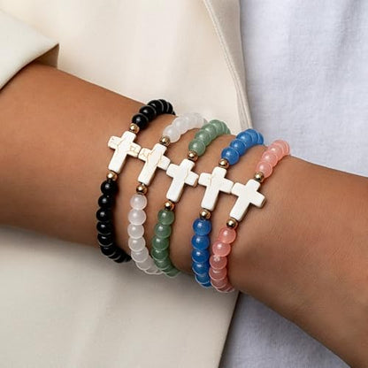 5Pcs Set Cross Beaded Crystal Turquoise Colorful Stretch Bracelet Christian Matching Strand Bracelet for Women Holiday Bohemian Boho Jewelry Multilayered Handmade - color: C