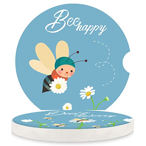 LogHog 2.56" Ceramic Car Coasters - Adorable Bee Design: Don't Worry, Bee Happy - Perfect Auto Cup Holders for Car, Absorbent, Durable - color: Bee