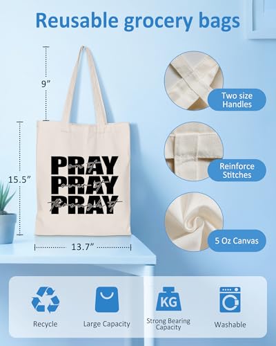 Women's Pray On It Pray Over It Pray Through It Canvas Tote Bag Religious Prayer Christian Gift Reusable Grocery Bag - color: White