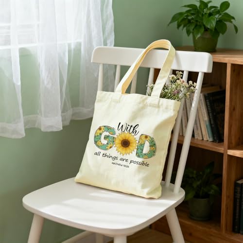 Christian Gifts for Women Faith With God All Things Are Possible Religious Bible Verse Canvas Tote Bag with Handles Inspirational Spiritual Birthday Christmas Gifts for Best Friend Sister Coworkers