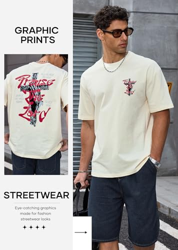 Herberton Men's Graphic T-Shirt Loose Fit Cotton Fashion Casual Streetwear Crewneck Short Sleeve Tee (S-XXL) - color: Beige, size: Large