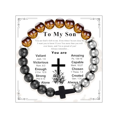 Gifts for Men Bracelets Triple Protection Cross Bracelet 8mm Black Obsidian Hematite Tiger Eye Beaded Natural Stone Bracelets Birthday Jewelry Gifts Cross Christian Gift for Him Husband Son - color: To My Son,Triple Style