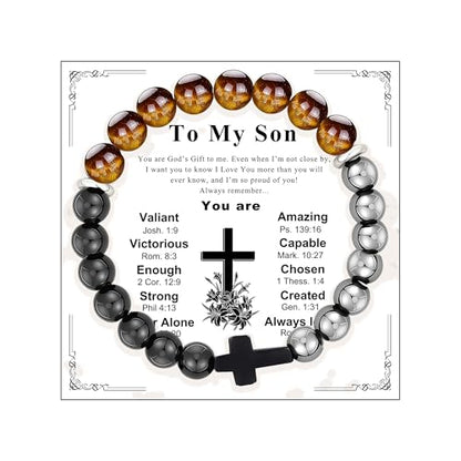 Gifts for Men Bracelets Triple Protection Cross Bracelet 8mm Black Obsidian Hematite Tiger Eye Beaded Natural Stone Bracelets Birthday Jewelry Gifts Cross Christian Gift for Him Husband Son - color: To My Son,Triple Style
