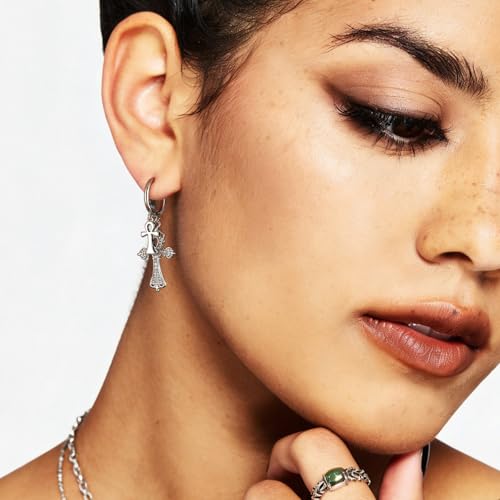 HZMAN Double Ankh Cross Huggie Hoop Earrings for Women, Brass Dangle Earrings with Cubic Zirconia, Vintage Baroque Religious Jewelry Gift