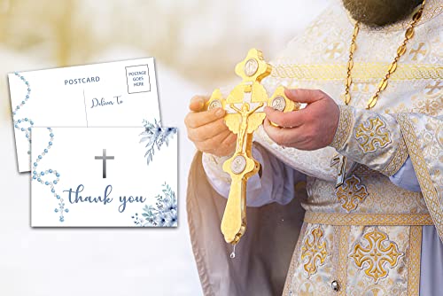 Baptism Thank You Post Cards, Boho Floral Baby Shower Thank You Card, Blue Rosary Flower 1st Communion Religious Christening Ceremony Celebration, Gender Reveal Party Decorations - A01(25 Pack) - style: Boho Floral